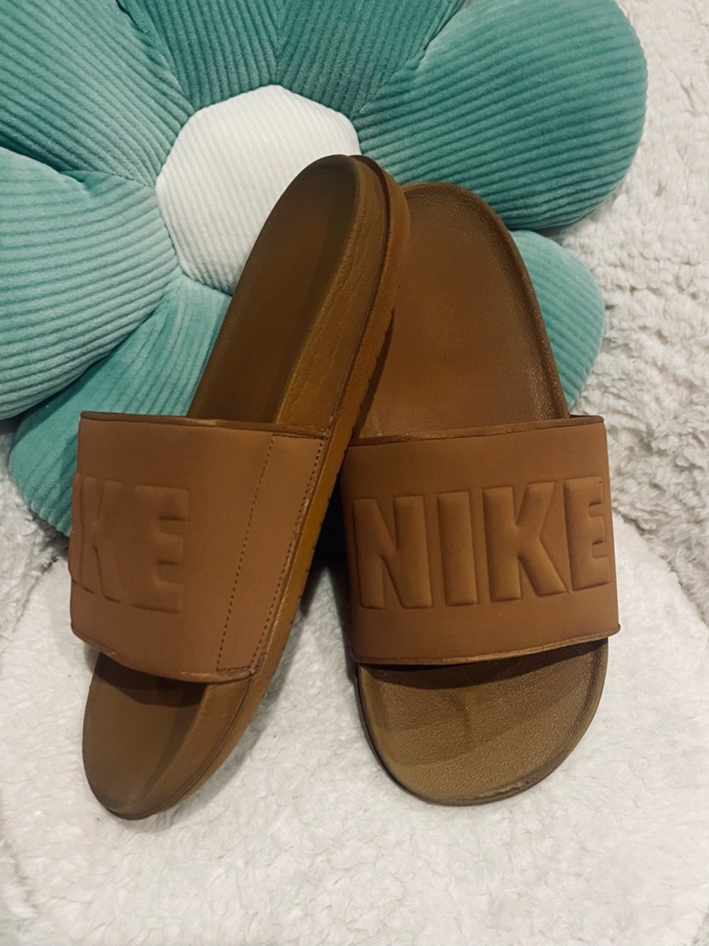 Nike Tan/Brown Slide Sandals with Raised Logo Strap